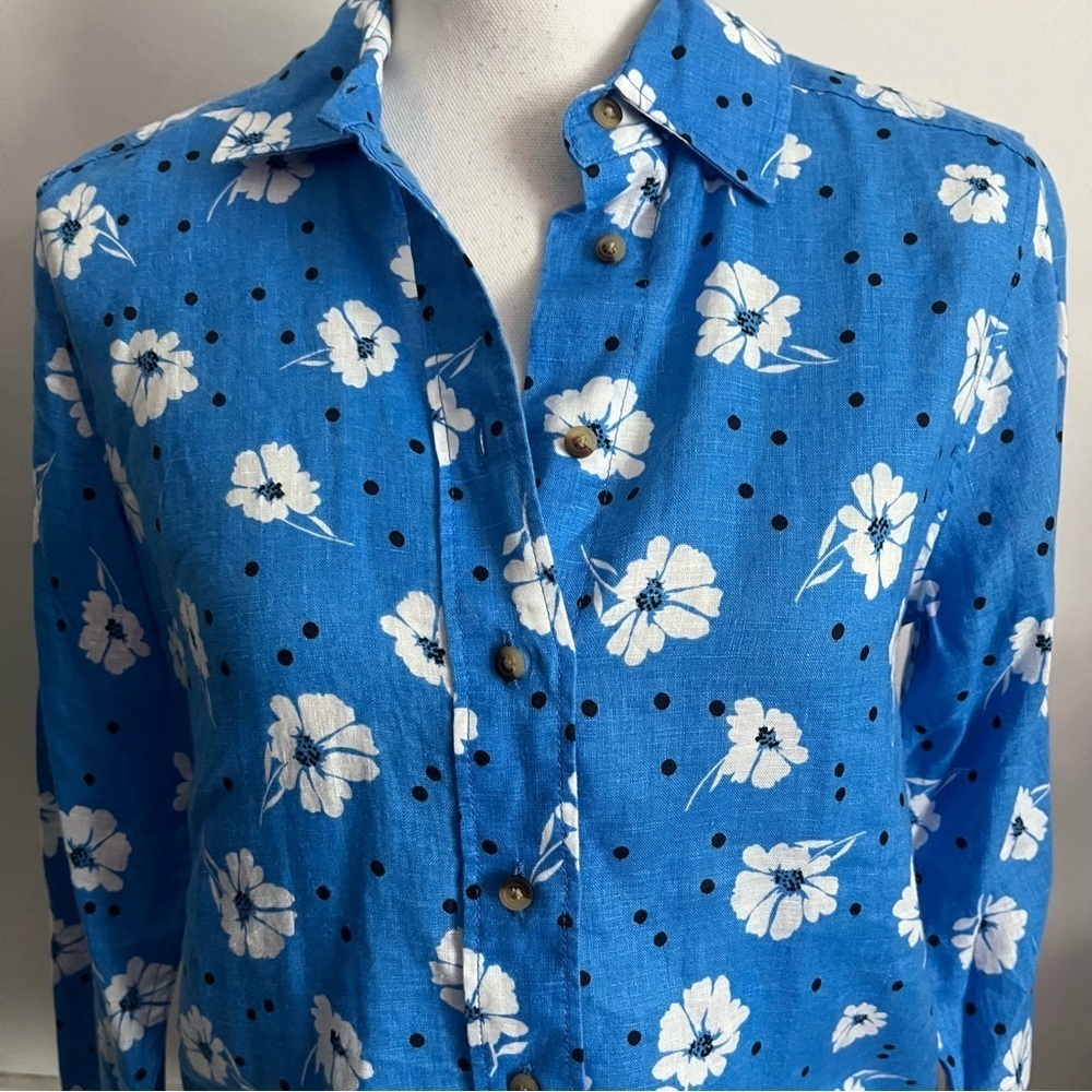 Pure Linen By Marks And Spencer Blue Floral Button Down Blouse — image 2 of 5